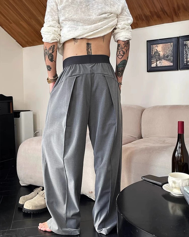 Big & Tall Men's Simple Contrast Color Elastic Waist Casual Straight Trousers M-4XL