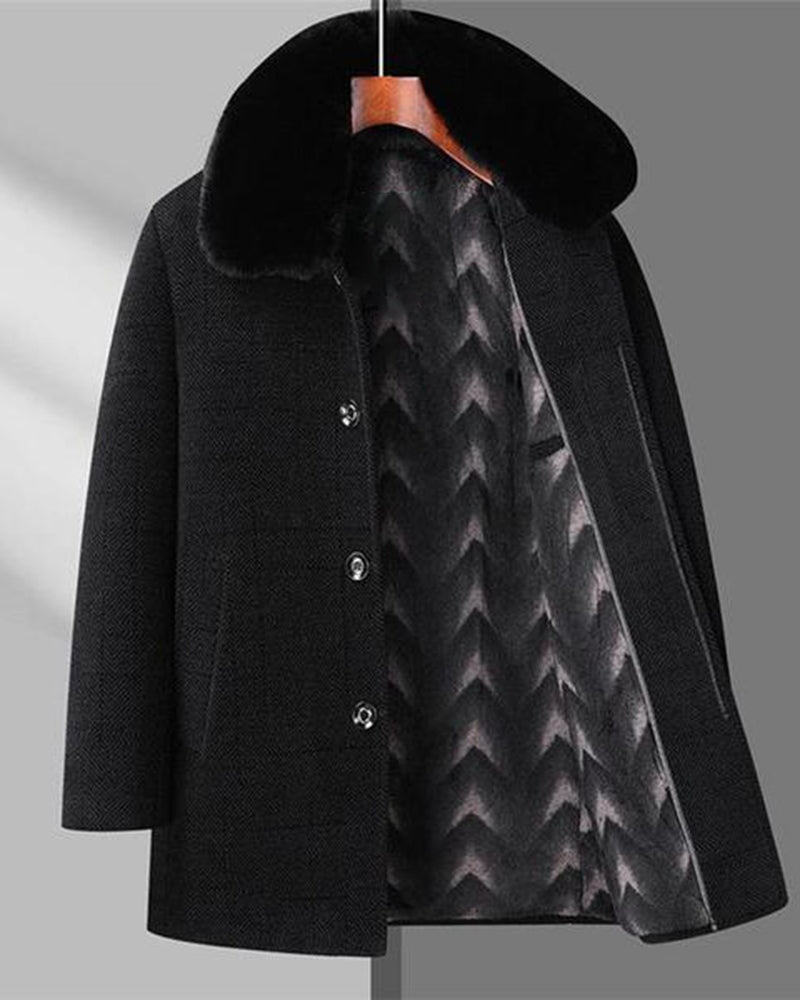 Big & Tall Men's Removable Wool Collar Medium Long Thickened Woolen Chenille Jacket L-4XL