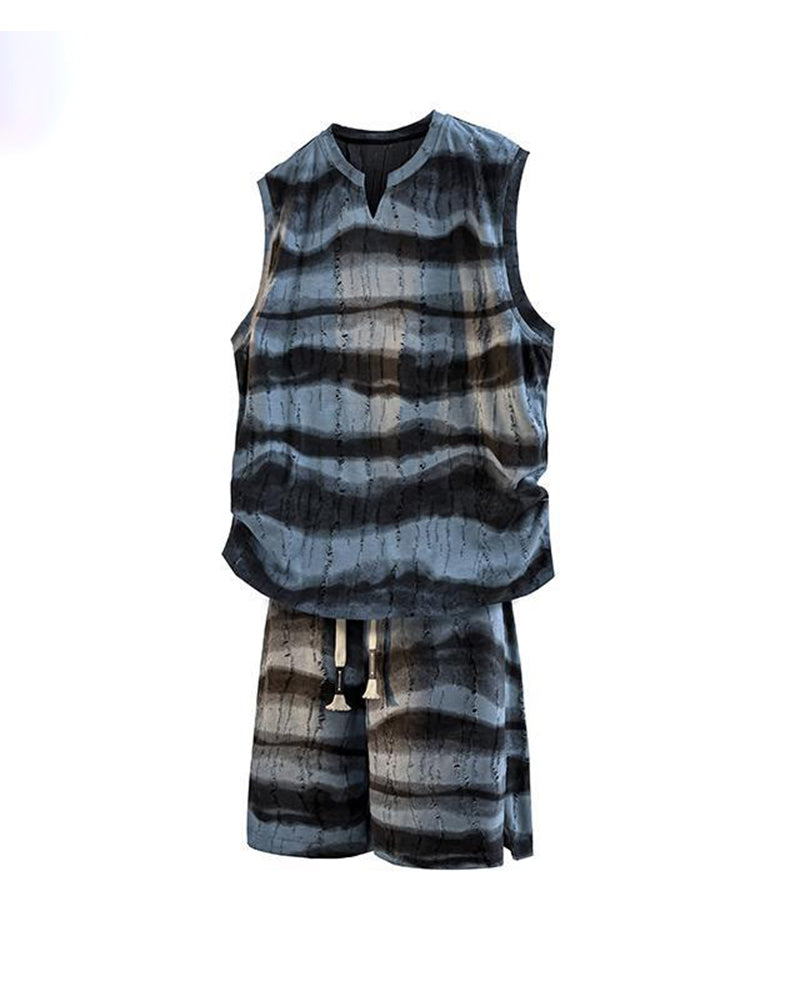 American Style Casual Summer Ice Sense Striped Sleeveless Vest Set Large Size Men's Sports Tie Dye Shorts Two-piece Set