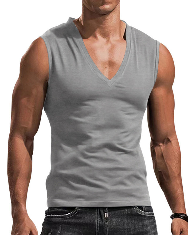 Plus Size Men's V-Neck Vest, Solid Color Casual Breathable Slim Fit Sleeveless T-Shirt