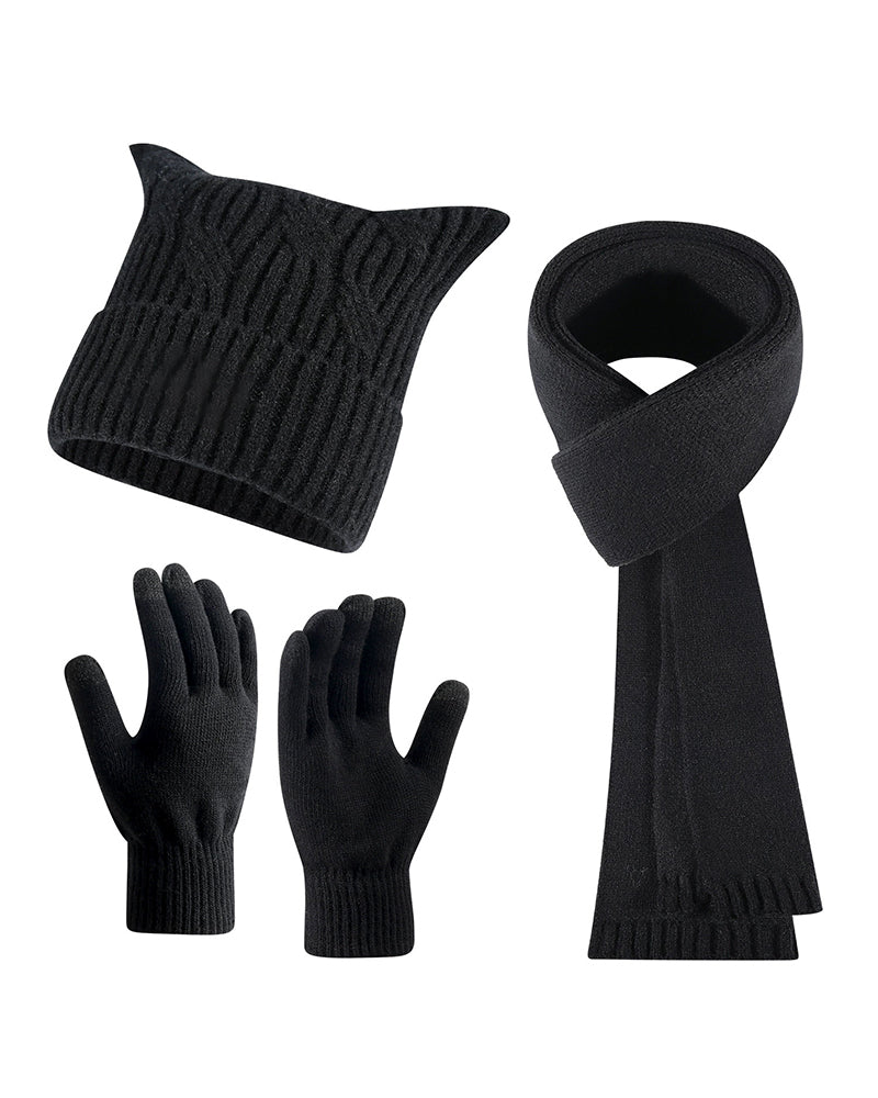 Warm Cat Ear Knitted Hat Scarf Gloves Three-piece Set