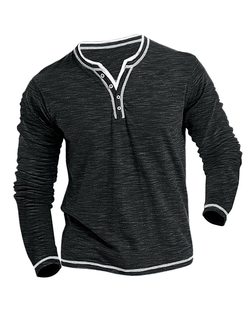 Big & Tall Men's Colored Cotton Small V-neck Stretch Henry Collar Long Sleeve T-shirt S-3XL