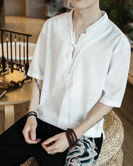 Large Size Cotton Linen Short-sleeved T-shirt Ethnic Style Retro Large Size Thin Half-sleeved Top Solid Color Men's V-neck T-shirt