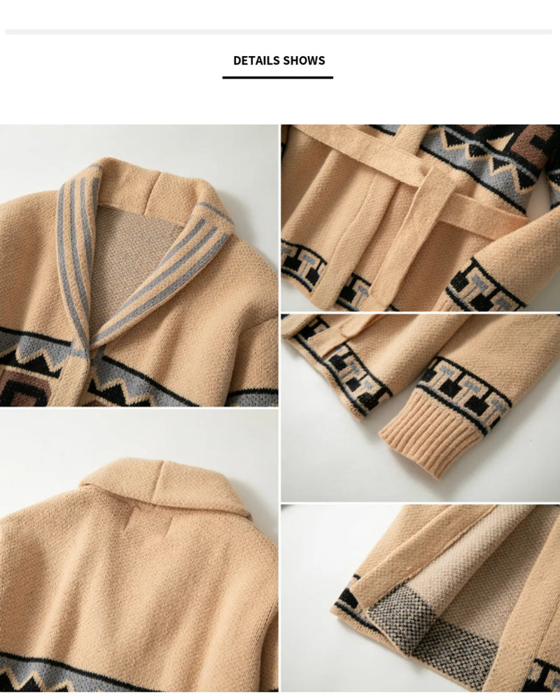 Big & Tall Men's Retro Mid-length Aztec Jacquard Cardigan Sweater Coat M-3XL