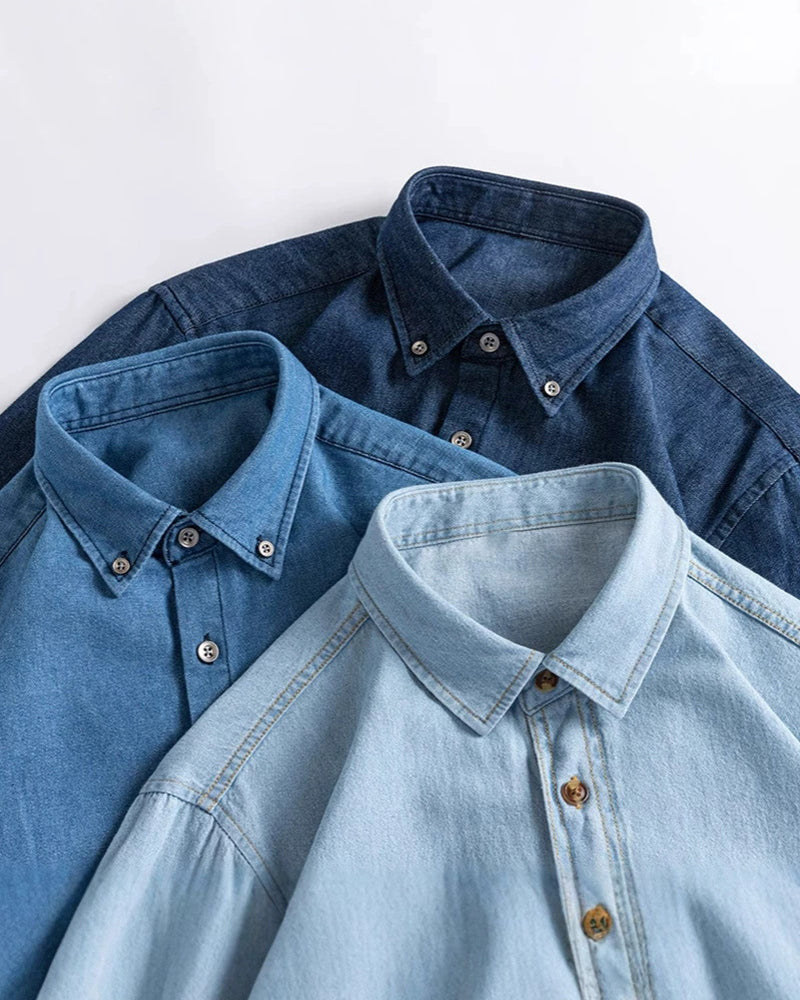 🔥Christmas 50% Off Exclusive ✨Big & Tall Men's Vintage Cotton Blue Denim Lapel Long Sleeve Shirt M-4XL