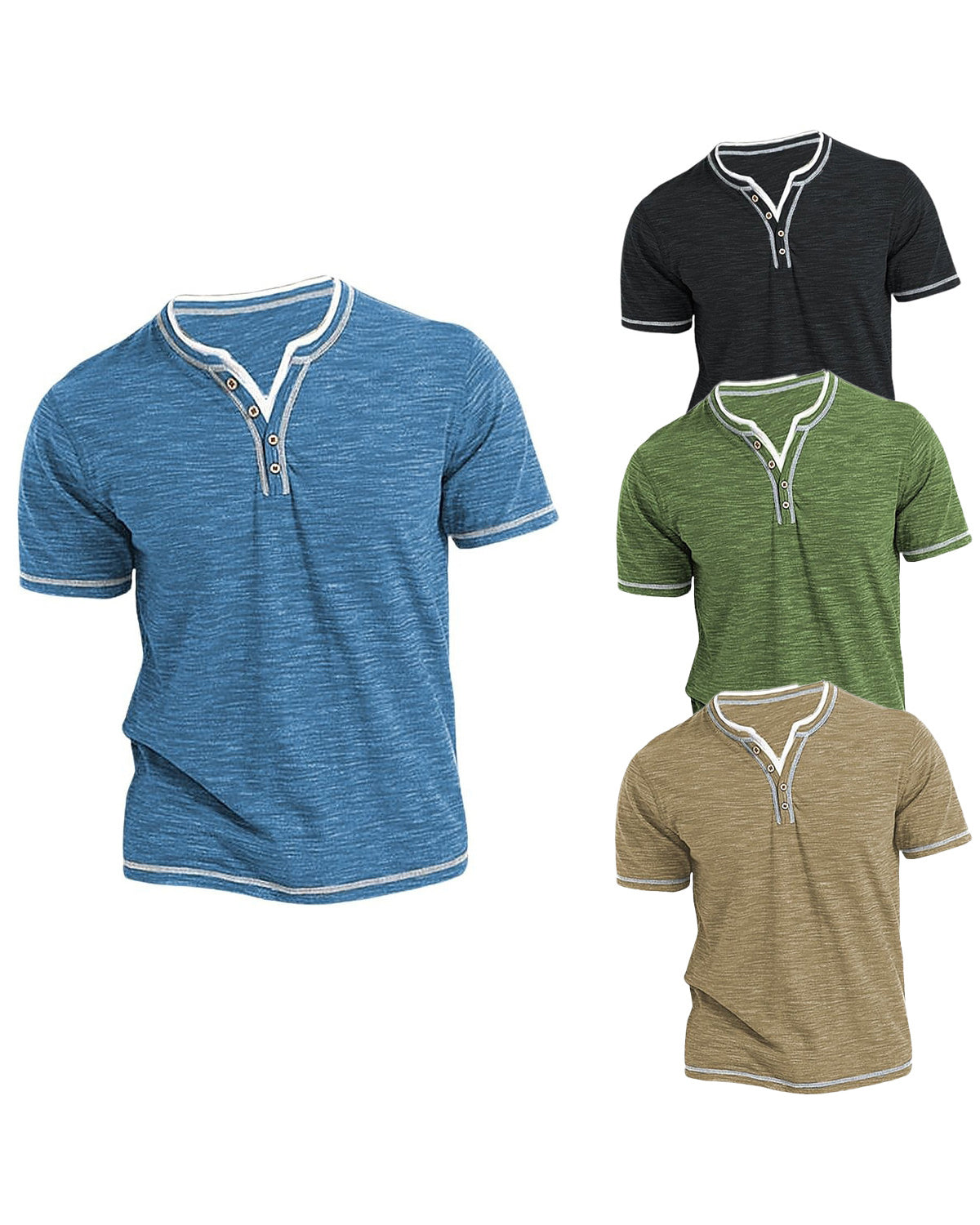 Big & Tall Men's Colored Cotton Small V-neck Stretch Henry Collar Short Sleeve T-shirt S-3XL