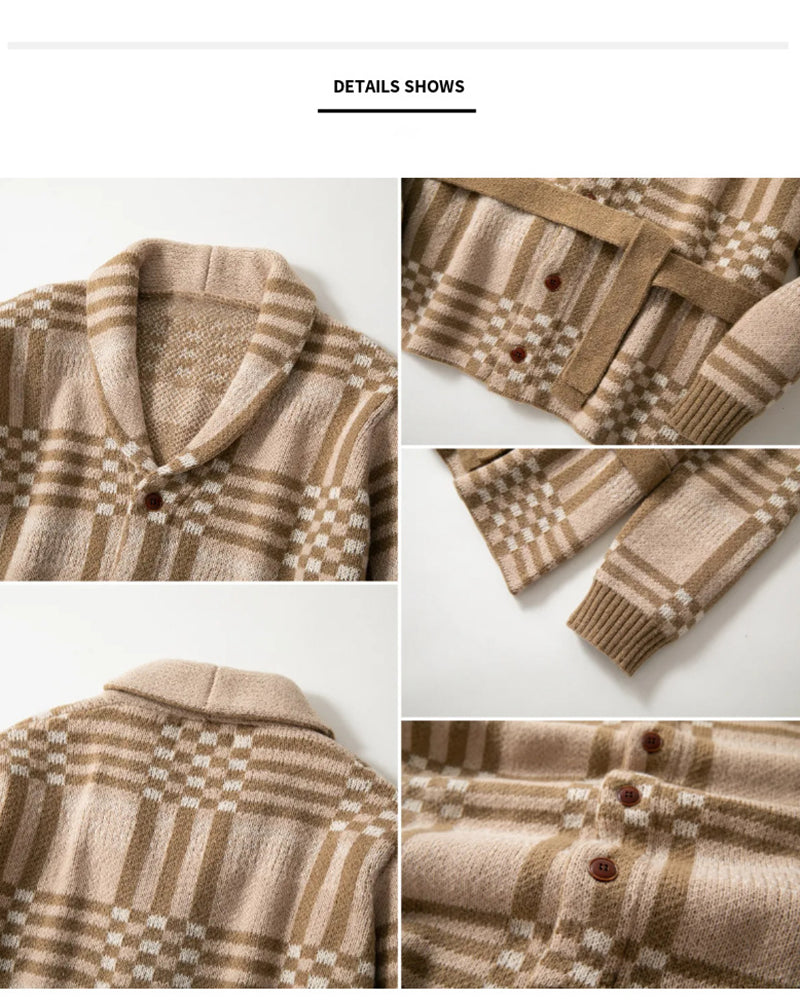 Big & Tall Men's Retro Mid-length Classic Plaid Jacquard Cardigan Sweater Coat M-3XL