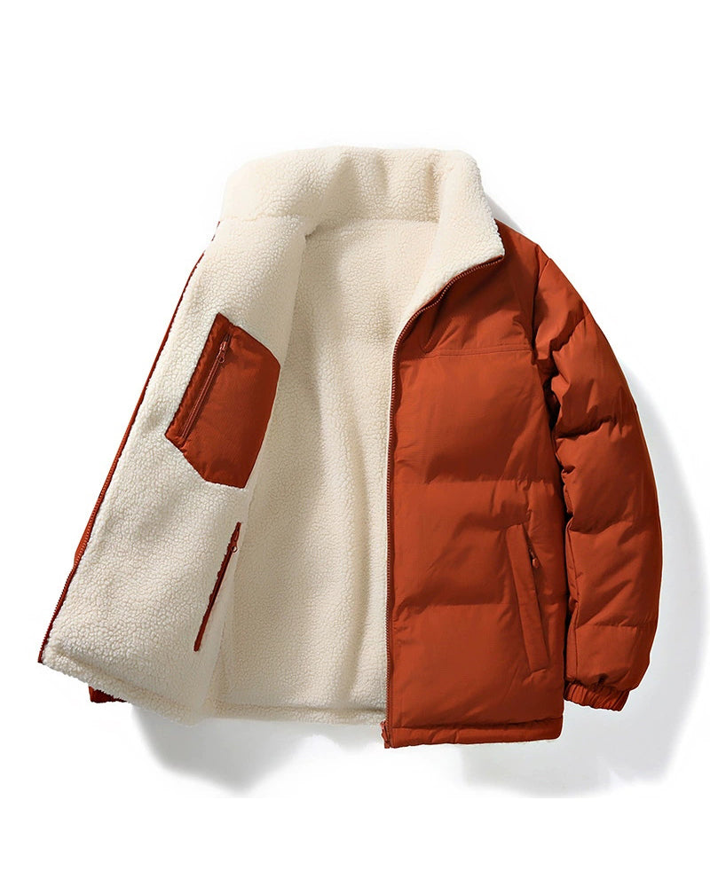 Big & Tall Men's Solid Color Vertical Collar Thickened Lamb Velvet Cotton-padded Jacket Double-sided Wearable S-3XL