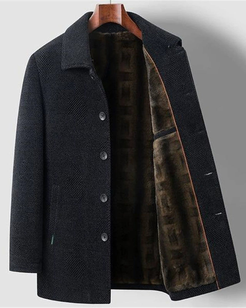 Big & Tall Men's Removable Wool Collar Medium Long Thickened Woolen Chenille Jacket L-4XL