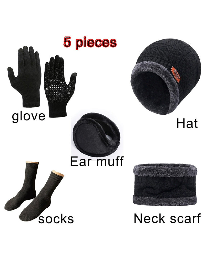Winter Warm Scarf Gloves Socks Hat 5-piece Set Of Touch Screen For Men And Women