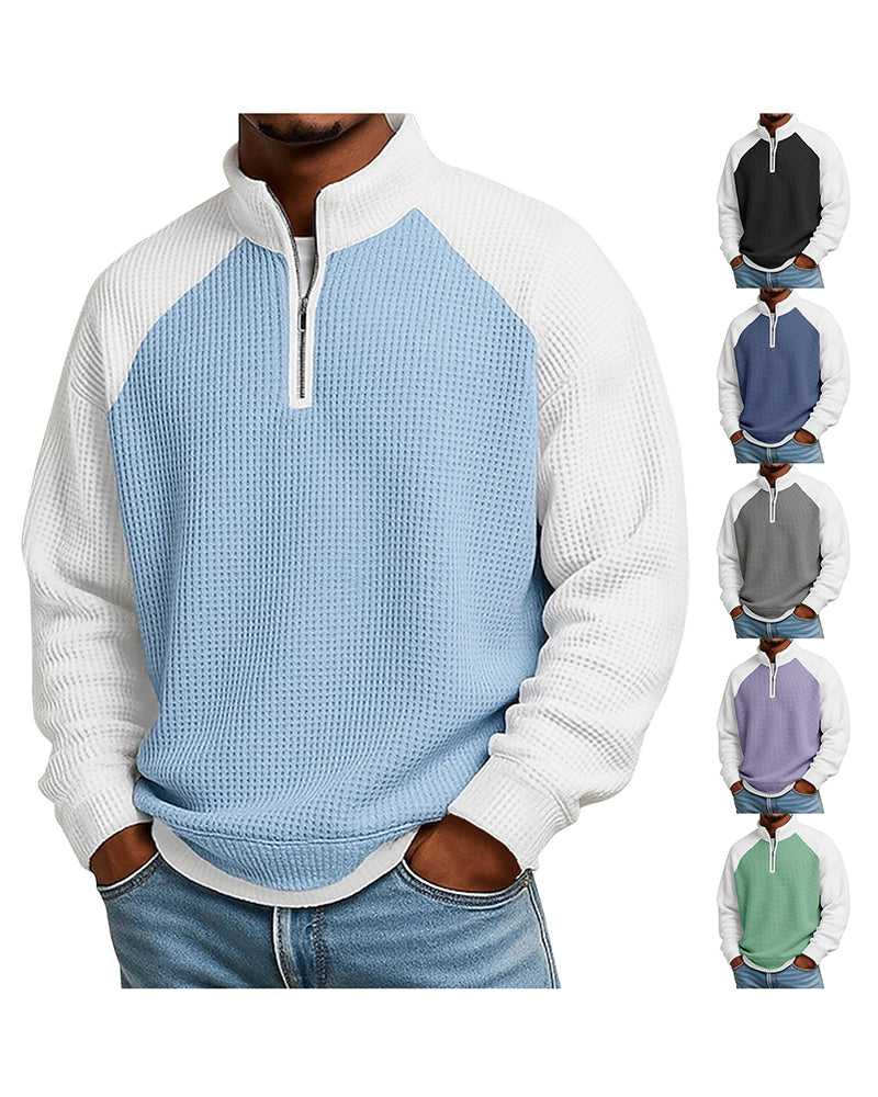 S-5XL Waffled Contrast Collar Long Sleeve Sweat