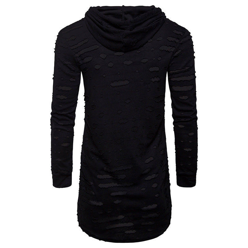 Big & Tall Men's Fashion Personality Hole Solid Color Long Hooded Sports Long Sleeve T-shirt S-2XL