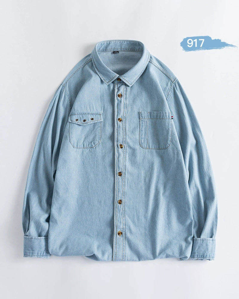 🔥Christmas 50% Off Exclusive ✨Big & Tall Men's Vintage Cotton Blue Denim Lapel Long Sleeve Shirt M-4XL