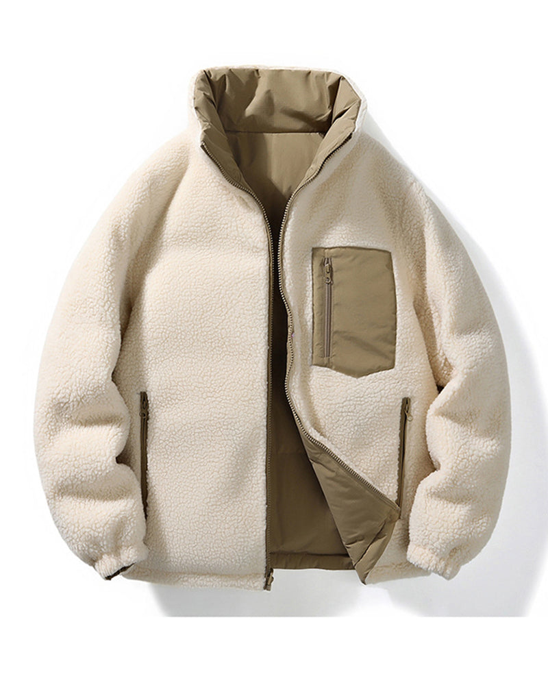 Big & Tall Men's Solid Color Vertical Collar Thickened Lamb Velvet Cotton-padded Jacket Double-sided Wearable S-3XL