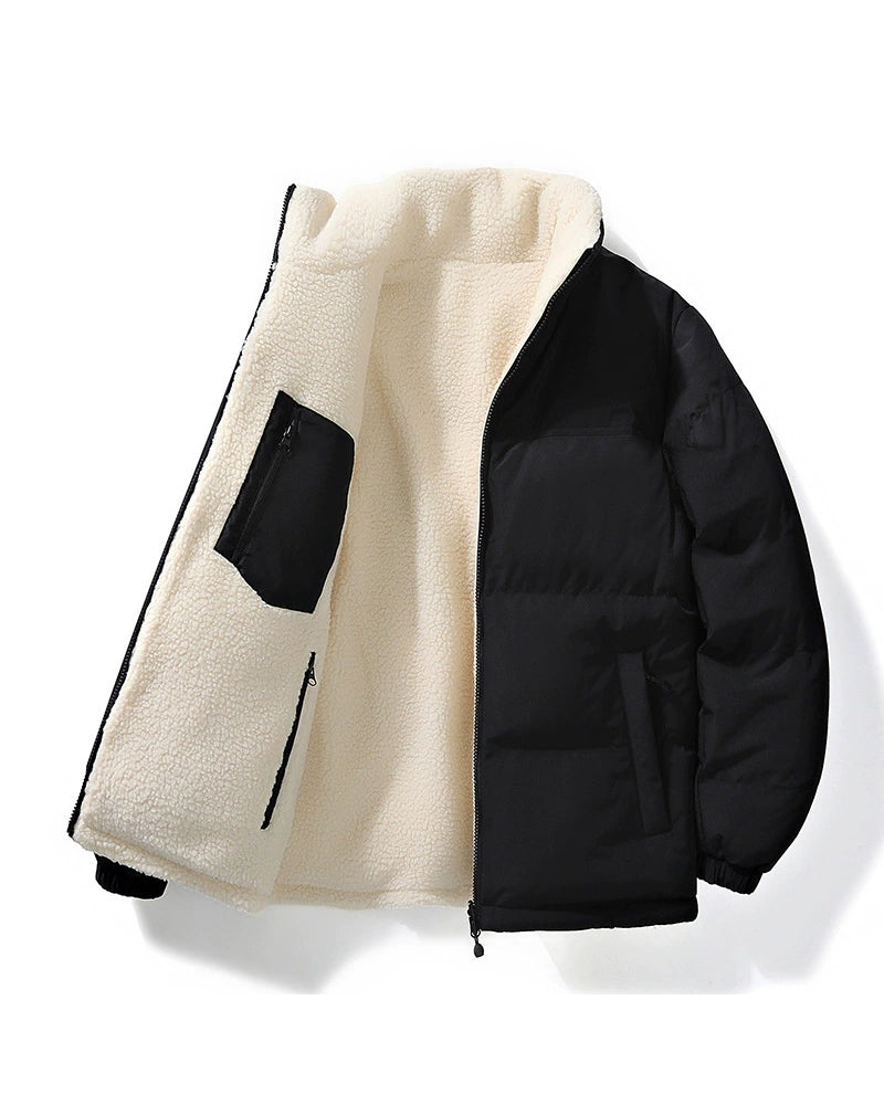 Big & Tall Men's Solid Color Vertical Collar Thickened Lamb Velvet Cotton-padded Jacket Double-sided Wearable S-3XL