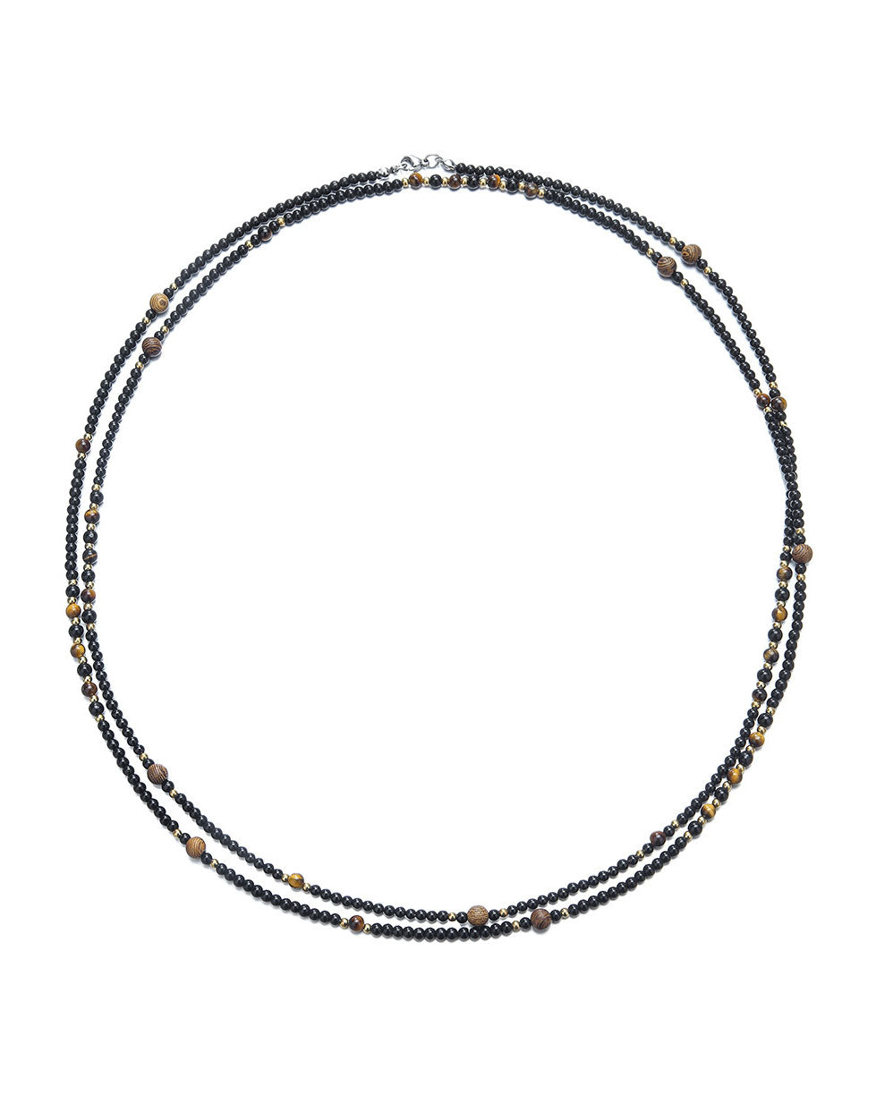 Ultra-Fine Layered Black Agate Tiger's Eye Bead Long Necklace