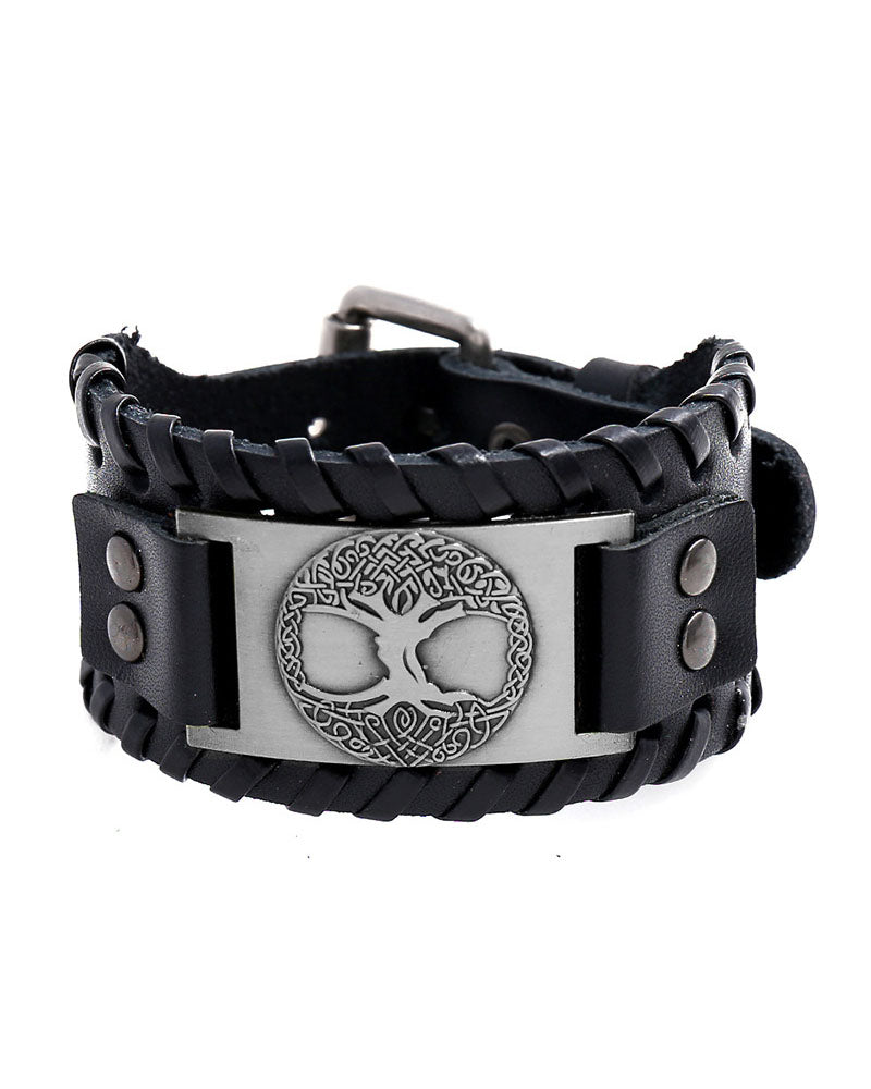 Viking Totem Lucky Tree Cowhide Woven Wide Leather Bracelet