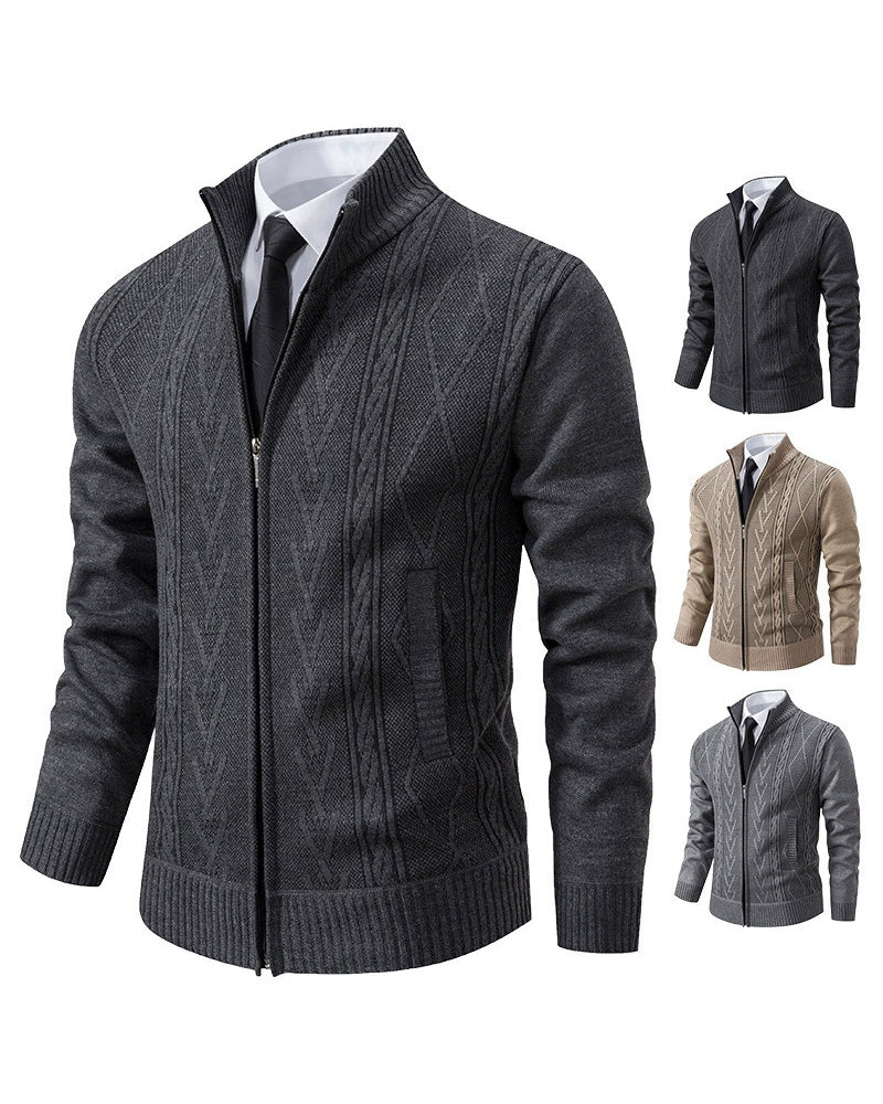 Big & Tall Men's Business Diamond Jacquard Thickened Vertical Neck Sweater Cardigan M-3XL