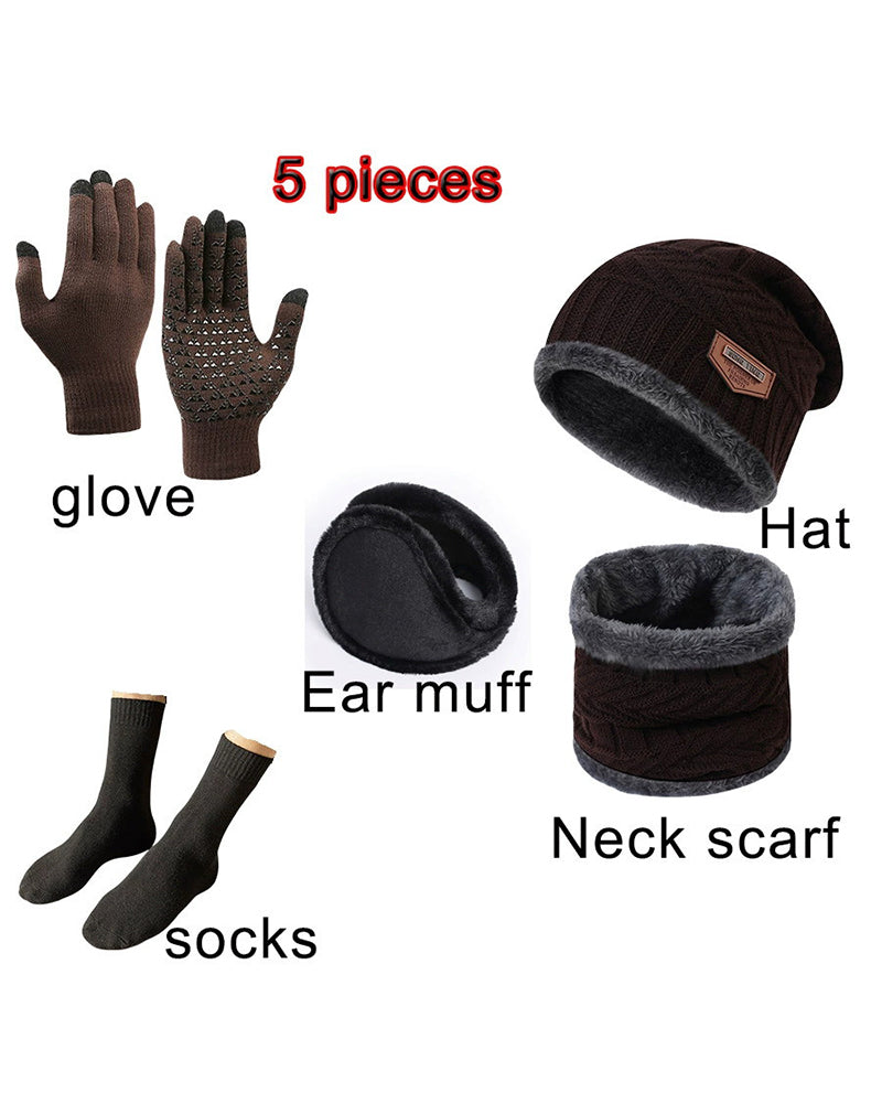 Winter Warm Scarf Gloves Socks Hat 5-piece Set Of Touch Screen For Men And Women