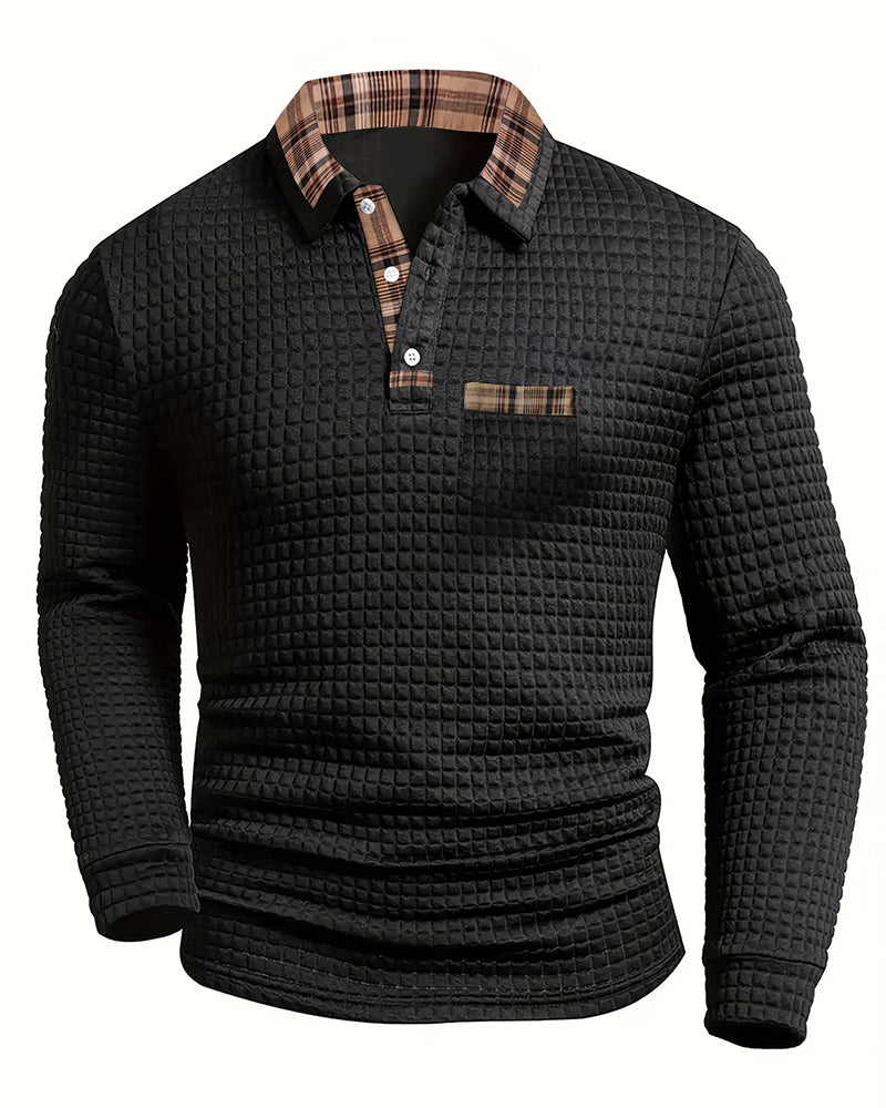 Big & Tall Men's Plaid Pocket Lapel Long Sleeve Polo M-3XL