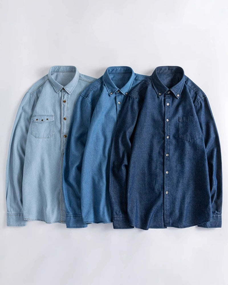 🔥Christmas 50% Off Exclusive ✨Big & Tall Men's Vintage Cotton Blue Denim Lapel Long Sleeve Shirt M-4XL