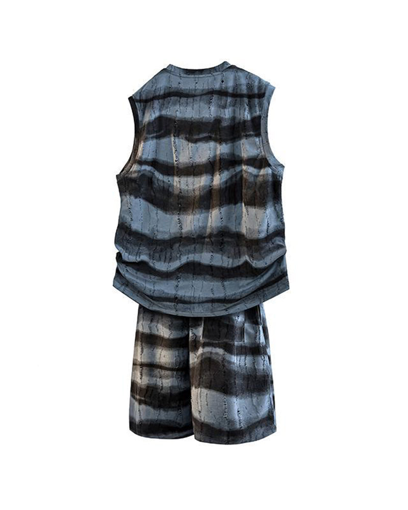 American Style Casual Summer Ice Sense Striped Sleeveless Vest Set Large Size Men's Sports Tie Dye Shorts Two-piece Set