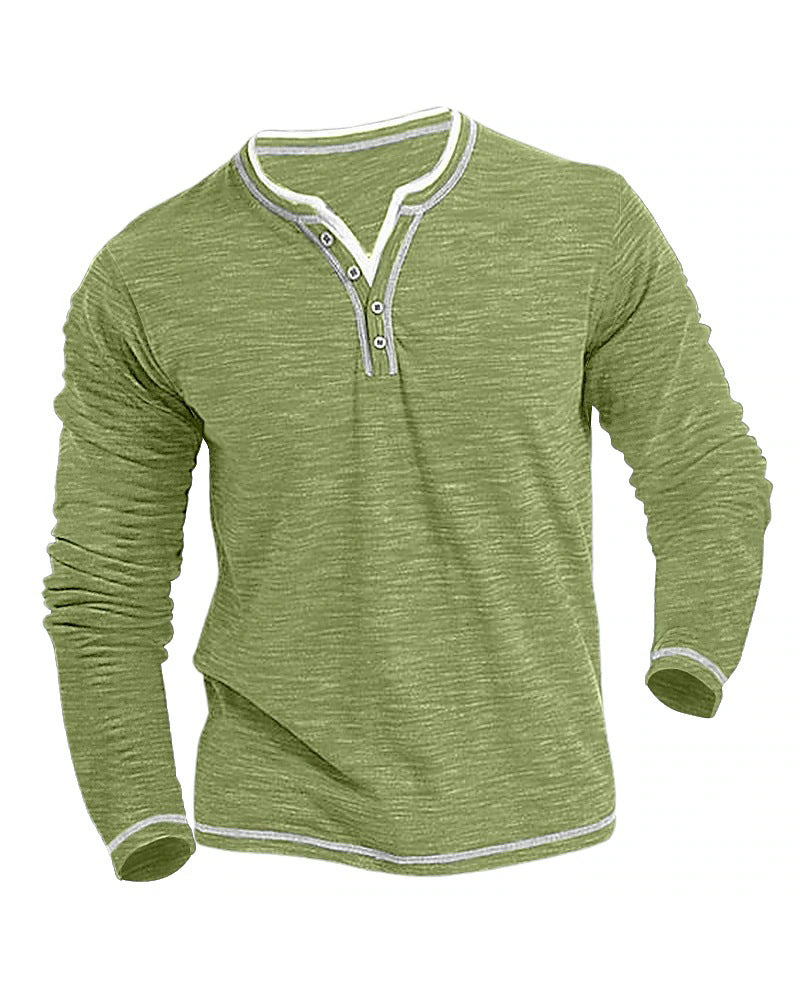 Big & Tall Men's Colored Cotton Small V-neck Stretch Henry Collar Long Sleeve T-shirt S-3XL