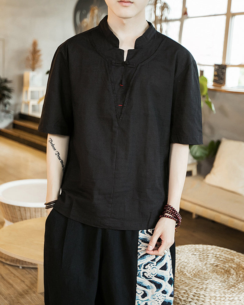 Large Size Cotton Linen Short-sleeved T-shirt Ethnic Style Retro Large Size Thin Half-sleeved Top Solid Color Men's V-neck T-shirt