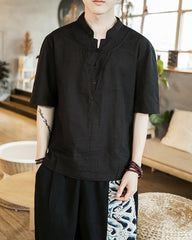 Large Size Cotton Linen Short-sleeved T-shirt Ethnic Style Retro Large Size Thin Half-sleeved Top Solid Color Men's V-neck T-shirt
