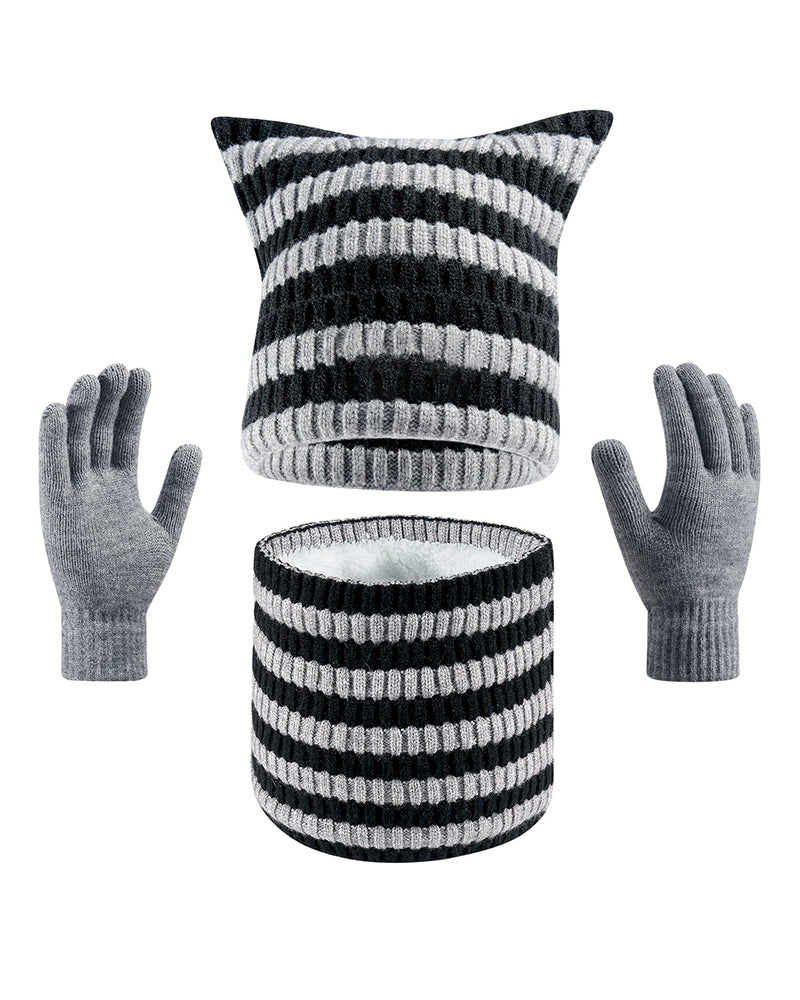 Warm Cat Ear Striped Knitted Hat Scarf Gloves Three-piece Set