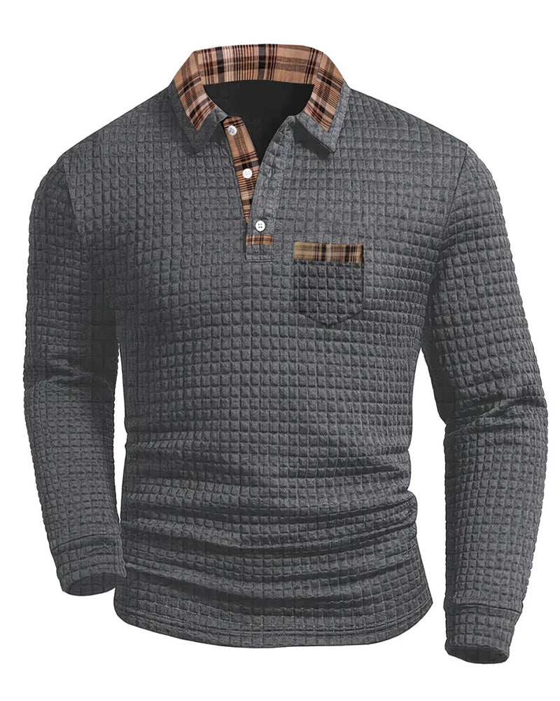 Big & Tall Men's Plaid Pocket Lapel Long Sleeve Polo M-3XL