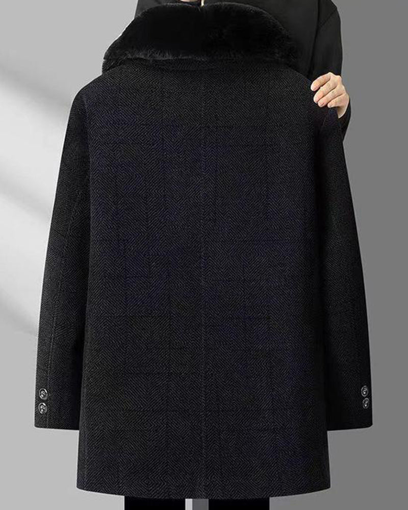 Big & Tall Men's Removable Wool Collar Medium Long Thickened Woolen Chenille Jacket L-4XL