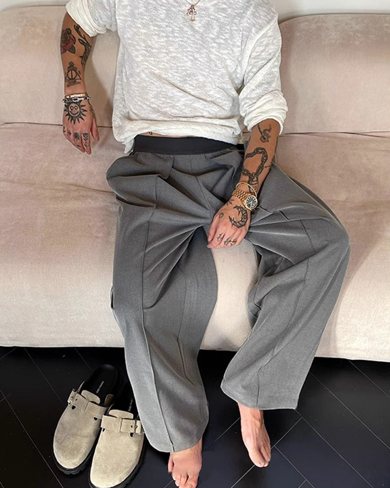 Big & Tall Men's Simple Contrast Color Elastic Waist Casual Straight Trousers M-4XL