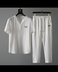 High Quality Ultra Thin Short Sleeve Ice Silk Linen Suit Men's Summer Large Size Loose Middle Sleeve T-Shirt Cotton Linen Two-piece Set