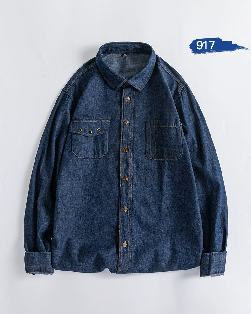 🔥Christmas 50% Off Exclusive ✨Big & Tall Men's Vintage Cotton Blue Denim Lapel Long Sleeve Shirt M-4XL