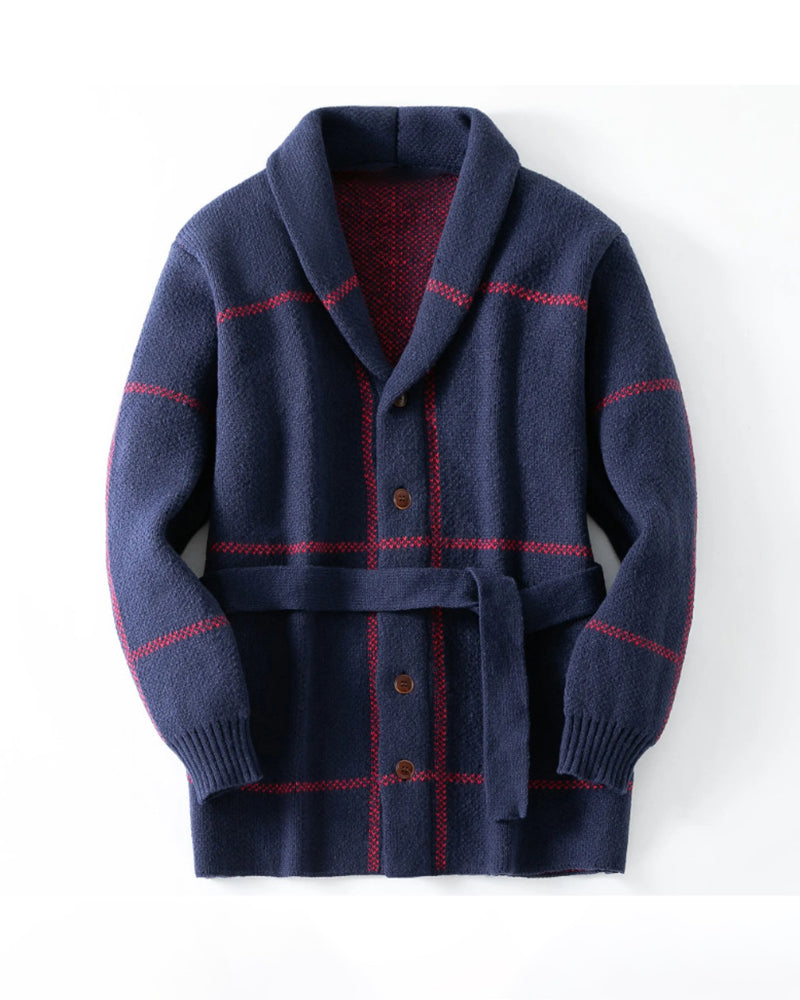 Big & Tall Men's Retro Mid-length Classic Striped Jacquard Cardigan Sweater Coat M-3XL