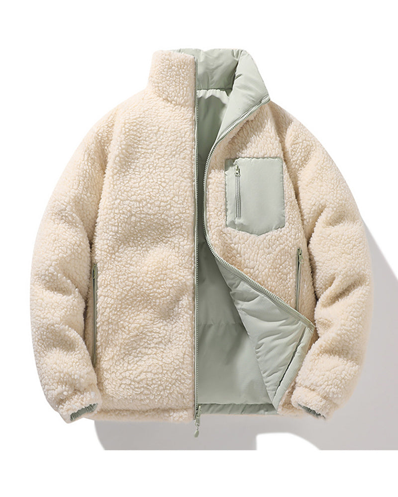 Big & Tall Men's Solid Color Vertical Collar Thickened Lamb Velvet Cotton-padded Jacket Double-sided Wearable S-3XL