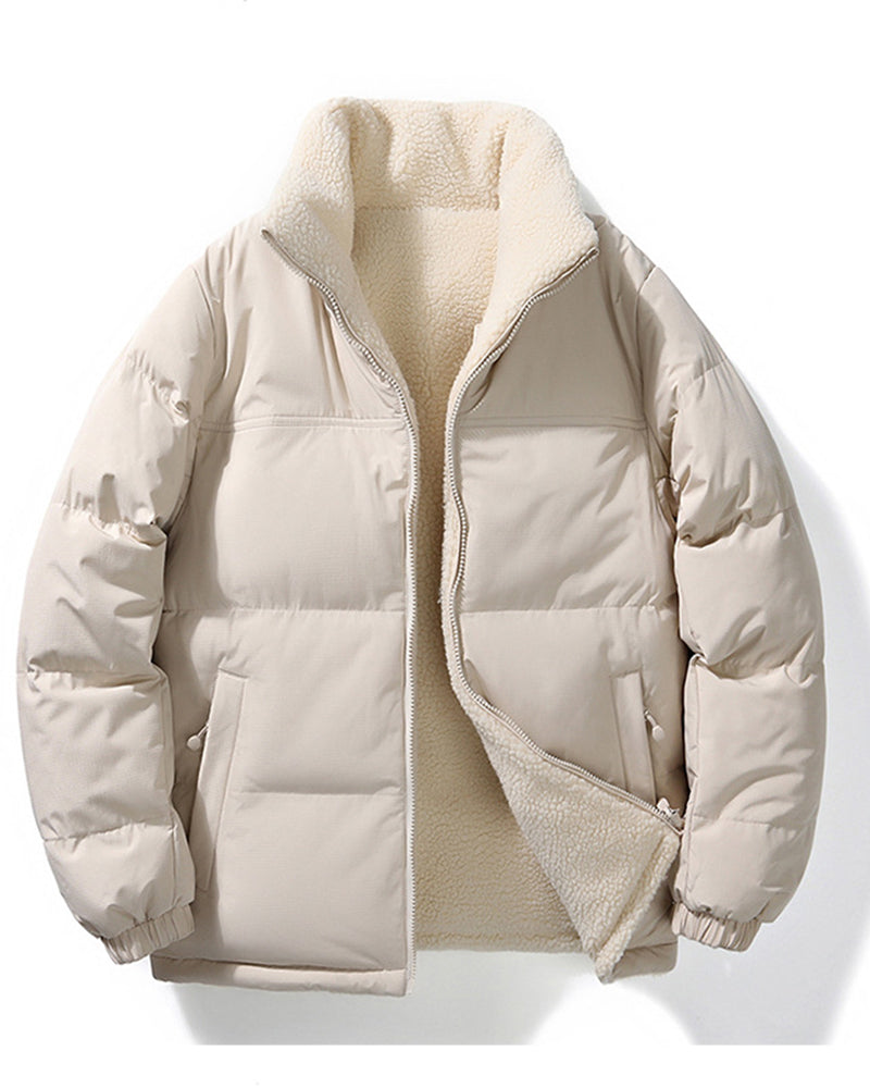 Big & Tall Men's Solid Color Vertical Collar Thickened Lamb Velvet Cotton-padded Jacket Double-sided Wearable S-3XL