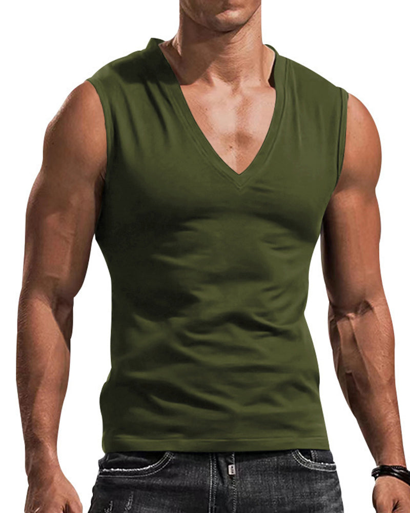 Plus Size Men's V-Neck Vest, Solid Color Casual Breathable Slim Fit Sleeveless T-Shirt