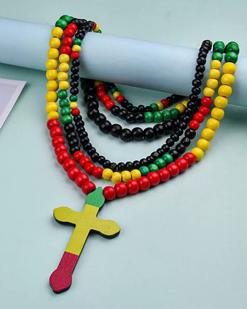 Reggae Color Wooden Bead Cross Necklace Hip Hop Jewelry