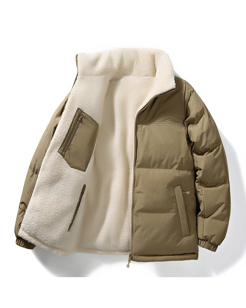 Big & Tall Men's Solid Color Vertical Collar Thickened Lamb Velvet Cotton-padded Jacket Double-sided Wearable S-3XL