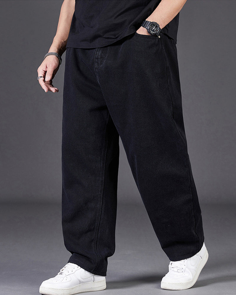Big & Tall Men's Classic Solid Color Loose Straight Jeans Elastic Waist Trousers 29-48