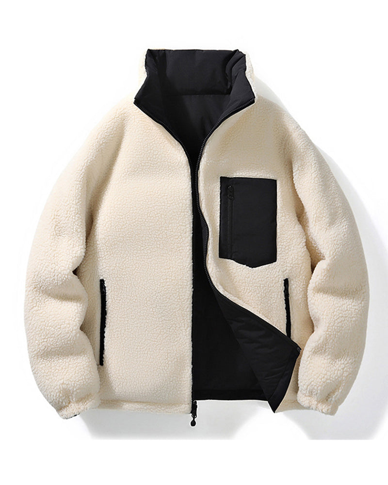 Big & Tall Men's Solid Color Vertical Collar Thickened Lamb Velvet Cotton-padded Jacket Double-sided Wearable S-3XL