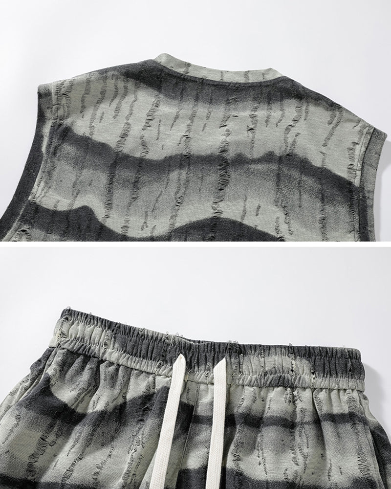 American Style Casual Summer Ice Sense Striped Sleeveless Vest Set Large Size Men's Sports Tie Dye Shorts Two-piece Set
