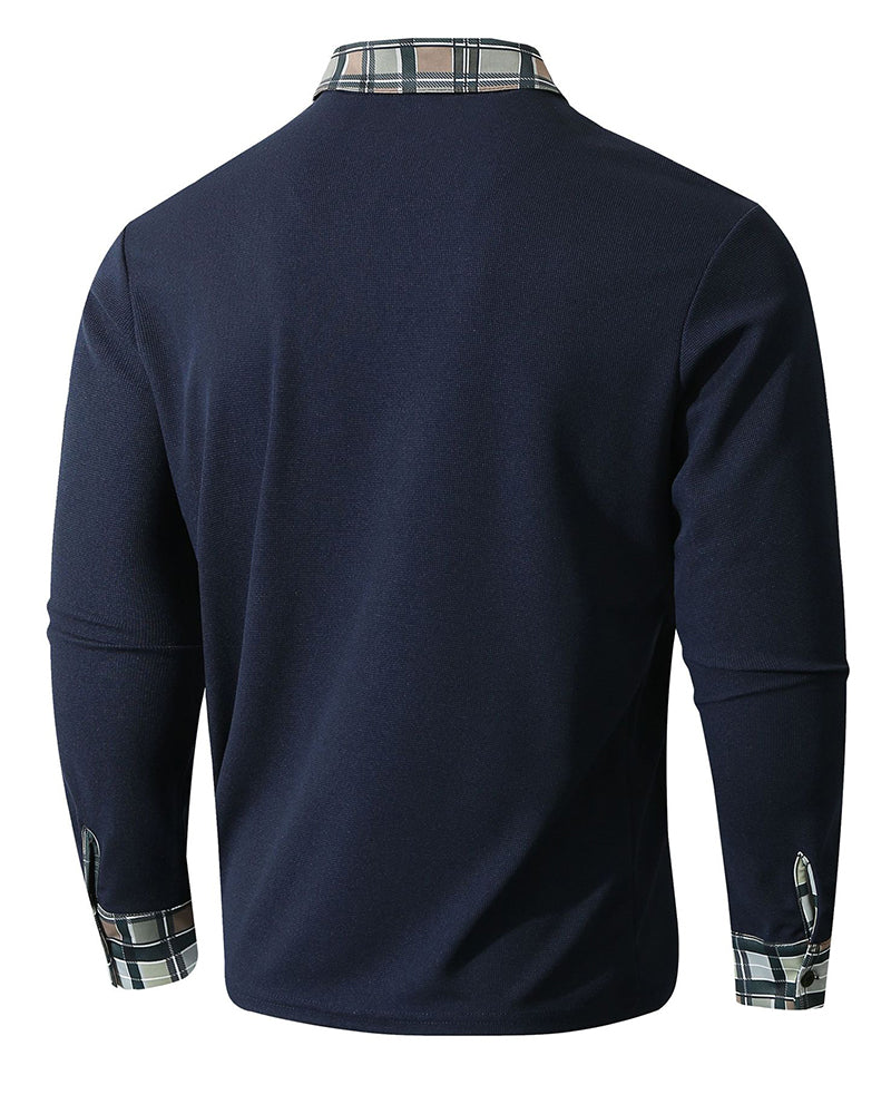 Big & Tall Men's Plaid Long-sleeved Polo Shirt With Lapel S-2XL