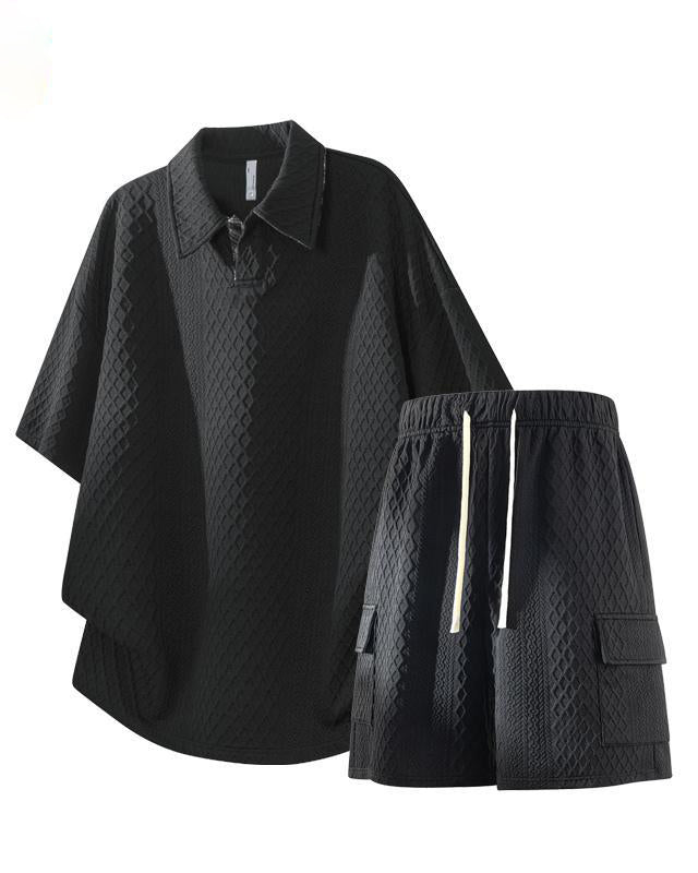 Men's Large Size Polo Shirt Set Breathable/Comfortable/Loose/Jacquard/High Fashion Summer New Casual Trendy Short Sleeve Shorts Two-piece Set