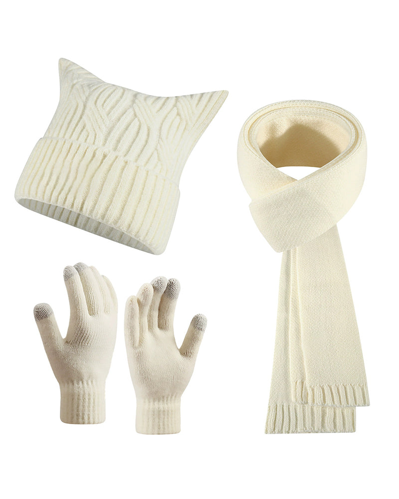 Warm Cat Ear Knitted Hat Scarf Gloves Three-piece Set