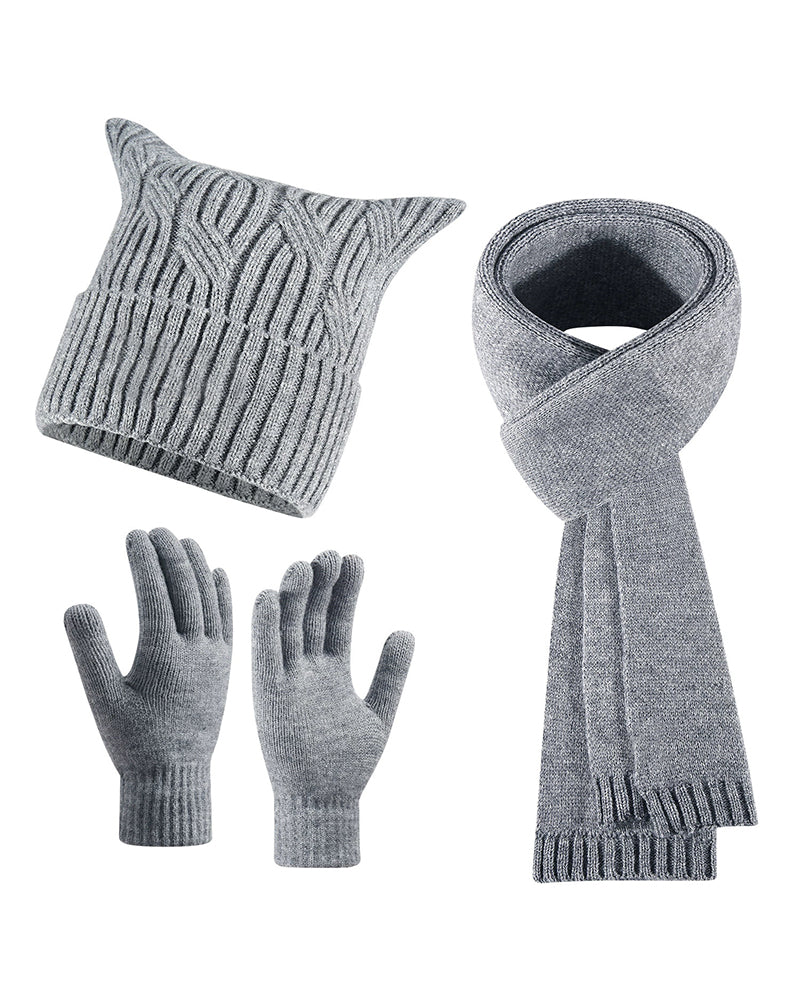 Warm Cat Ear Knitted Hat Scarf Gloves Three-piece Set