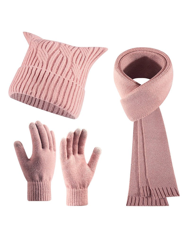 Warm Cat Ear Knitted Hat Scarf Gloves Three-piece Set