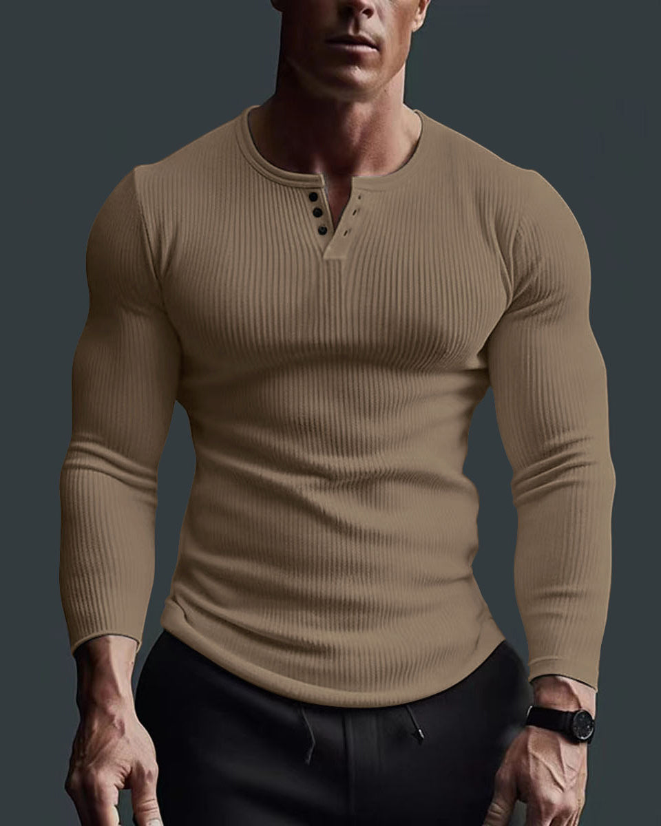 Big & Tall Men's V-neck Solid Color Fitness High Elastic Base Long Sleeve S-3XL
